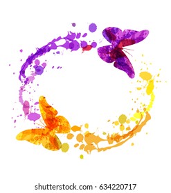 Vector watercolor circular frame with butterflies