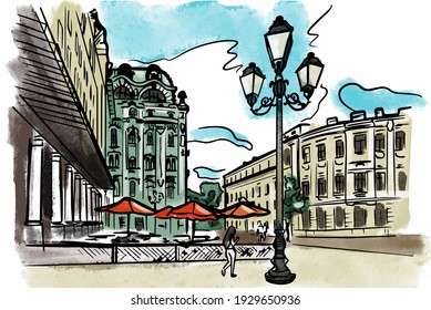 vector watercolor cityscape of Odessa, Ukraine. Street light, cafe, buildings