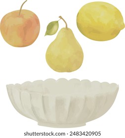 Vector Watercolor clipart, bowl, apple, pear, lemon. Illustrations for creative cooking, invitation, greeting cards, birthday, event, holiday, menu; cooking class; Master Class