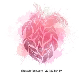 Vector watercolor clipart of pink human heart made of leaves with dye splashes isolated from background. Organ Transplant. Healthy eco friendly lifestyle. Love nature