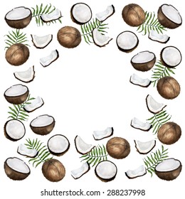 Vector watercolor coconut circle background. Background for packaging, cards and posters.