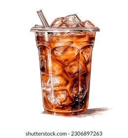 Vector watercolor coffee in cup. Ice latte, caramel, coffee, and tonic Isolated on white background.