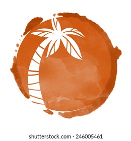 Vector watercolor coffee grunge geometric circle paint stain with splash and hand drawn coconut palm tree closeup white silhouette. Painted frame design. Bright colors. Abstract art