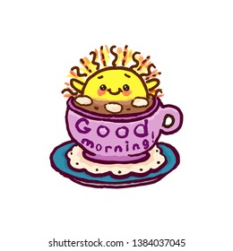 vector watercolor coffee time with a cute cheerful children's sun with rays in a pink cup with the inscription good morning, tea with marshmallows, emoticon icon, eps 10 italian dessert