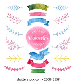 Vector watercolor collection with ribbons, label, floral elements, feathers. Hand drawn watercolor design elements isolated on white background