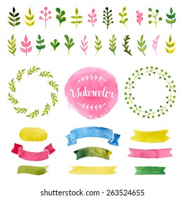 Vector watercolor collection with ribbons, label, floral elements, wreaths. Hand drawn design isolated on white background