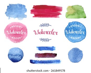 Vector watercolor collection with stains, label, floral elements. Hand drawn watercolor design elements isolated on white background