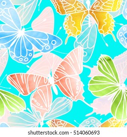 Vector Watercolor colored Butterfly Seamless Pattern with blue color texture. Background for your design printing on T-shirt, wallpaper, fabric, scrapbooking and etc