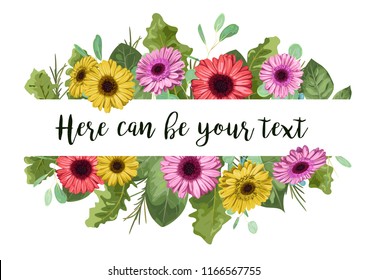 Vector watercolor colored gerbera and branches of eucalyptus isolated on white background with a horizontal frame for an inscription. For wedding invitations, banners, postcards, labels, advertising.
