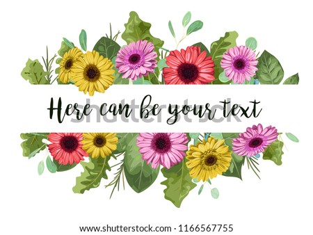 Vector watercolor colored gerbera and branches of eucalyptus isolated on white background with a horizontal frame for an inscription. For wedding invitations, banners, postcards, labels, advertising.