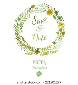 Vector watercolor colorful circular floral wreaths with summer flowers and central white copyspace for your text. Vector handdrawn sketch of wreath with flowers. Save the date