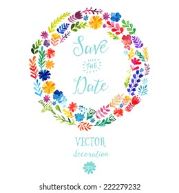 Vector watercolor colorful circular floral wreaths with summer flowers and central white copy space for your text. Vector handdrawn wedding  wreath with flowers. Save the date