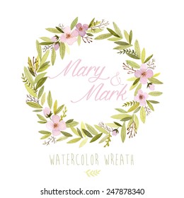 Vector watercolor colorful circular floral wreaths with summer flowers and central white copy space for your text. Vector handdrawn watercolor of wreath with flowers. Save the date. Wedding invitation