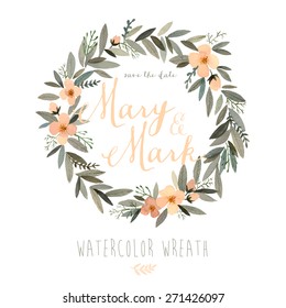 Vector watercolor colorful circular floral wreaths with summer flowers and central white copy space for your text. Vector hand drawn watercolor wreath with flowers. Save the date. Wedding invitation