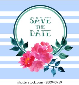Vector watercolor colorful floral with summer flowers and central white copy space for your text. Vector hand drawn watercolor wreath with flowers. Save the date. Wedding invitation