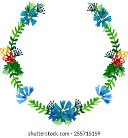 Vector watercolor colorful floral wreaths with summer flowers and central white copyspace for your text. Save the date. Wedding invitation template. Watercolor illustration.