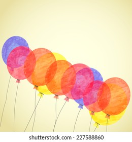 Vector watercolor colorful flying balloon invitation /card background retro style with spare room for text 