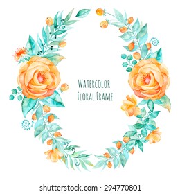 Vector watercolor colorful round frame,floral wreath with spring-summer flowers and central white copy space for your text. Vector hand drawn  wreath with roses, leaves, branches.