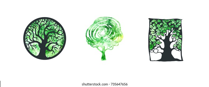 Vector watercolor colorful set of tree logo and icons. Design template, badges, labels and logotype for business