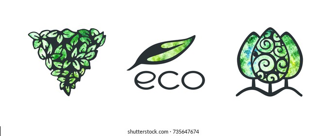 Vector watercolor colorful set of tree logo and icons. Design template, badges, labels and logotype for business