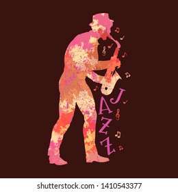 Vector watercolor colorful silhouette of jazz musician.Jazz saxophone player. Illustration for posters,concert flyers