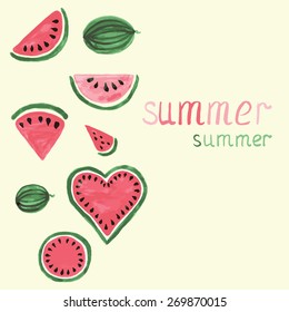 Vector watercolor colorful watermelon with copy space for your text. Vector hand drawing fruit elements.