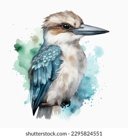 Vector watercolor colours bird kookaburra clipart isolated on white background.