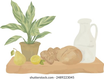 Vector Watercolor composition, carafe, paint, bread, lemon, pear. Invitation, greeting cards, birthday, event, holiday, menu; cooking class; Master Class.