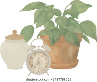 Vector Watercolor composition, Plant, ceramic pot, alarm. Invitation, greeting cards, birthday, event, holiday, menu; cooking class; Master Class.