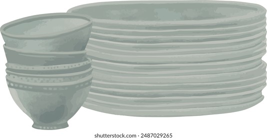 Vector Watercolor cook illustration, pile of plates, bowls, tableware, utensils, set for creative cooking, utensils. Invitation, greeting cards, birthday, event, holiday, menu; cooking class.