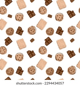 Vector watercolor cookies chocolate pattern, painted elements on white background. Sweet  cookies, chocolate bar