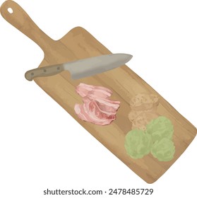 Vector Watercolor cooking composition, bacon, asparagus, knife, board. Illustrations for creative cooking, invitation, greeting cards, birthday, event, holiday, menu; cooking class; Master Class