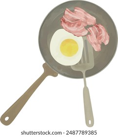 Vector Acuarela ilustración de cocina, rebanadas de tocino, huevos, espátula. Ilustraciones para la cocina creativa, invitación, tarjetas de felicitación, cumpleaños, evento, vacaciones, menú; clase de cocina; Master Class.