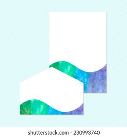 Vector watercolor corporate identity element template for letterhead and envelope in blue and green nautical eco theme wave shape