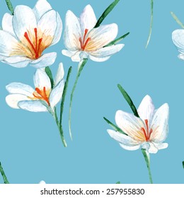 vector watercolor crocus flower seamless pattern. It can be used for cards, wrapping paper, wallpaper, fabric design, cover.