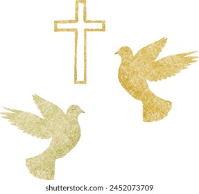 Vector watercolor, cross, golden pigeons. Baptism. Greeting cards, invitation, wedding card and save the date, celebration, anniversary, birthday, party, event, holiday and print.