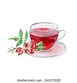 vector watercolor cup of tea with briar. It can be used for card, postcard, cover, invitation, menu, recipe