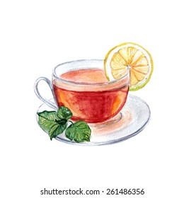 vector watercolor cup of tea with mint and lemon. It can be used for card, postcard, cover, invitation, menu, recipe