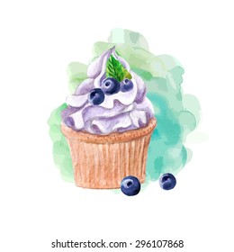 vector watercolor cupcake. It can be used for card, postcard, cover, invitation, wedding card, mothers day card, birthday card.
