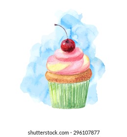 vector watercolor cupcake. It can be used for card, postcard, cover, invitation, wedding card, mothers day card, birthday card.