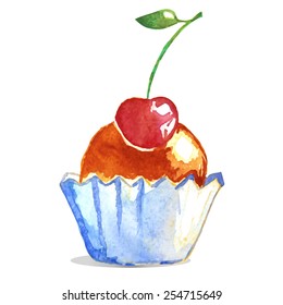 Vector watercolor cupcake with cherry. Can be used for invitation, postcard, greeting card.