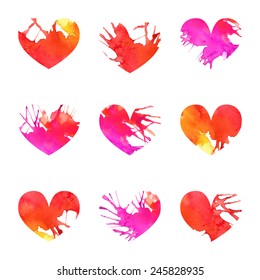 Vector watercolor cute heart set with splash of red, pink and purple paint for valentine or wedding card, romantic background or as a set of isolated objects