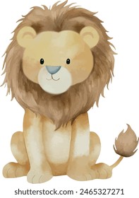 Vector Watercolor cute Lion. Illustration, template, design elements for greeting cards, invitation, gender party, baby shower, birthday, event, holiday, wedding card, printable, EPS.