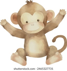 Vector Watercolor cute monkey. Illustration, template, design elements for greeting cards, invitation, gender party, baby shower, birthday, event, holiday, wedding card, printable, EPS.