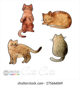 Vector Watercolor Cute Red Cats. Set of Four Painted Illustrations