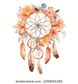 Vector watercolor decoration bohemian dream catcher, boho feathers decoration, native dream chic design