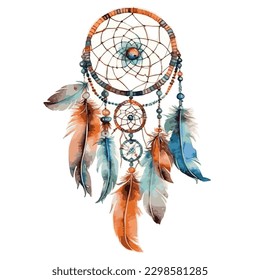 Vector watercolor decoration bohemian dream catcher, boho feathers decoration, native dream chic design