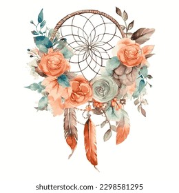 Vector watercolor decoration bohemian dream catcher, boho feathers decoration, native dream chic design