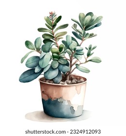 Vector watercolor decorative trees in pots. Drawing of a plant in a pot with leaves. Watercolor illustration on white