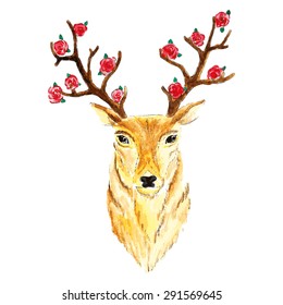 vector watercolor deer with flower